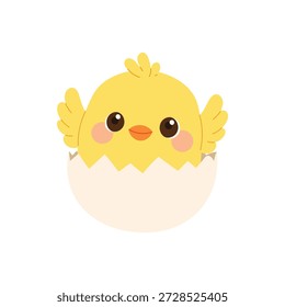 Cute baby chick inside eggshell with wings. Sweet Easter chicken character hatching. Flat vector illustration isolated on white background.