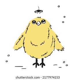 A cute baby chick looks up at the spider in surprise. Hand drawn vector illustration about animal friendship.