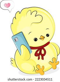 cute baby chick with a smartphone