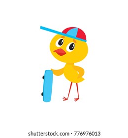 Cute baby chicken boy character standing with a skateboard, Easter icon, cartoon vector illustration on white background. Baby chicken character in funny cap holding a skateboard, Easter symbol