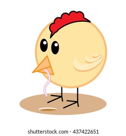 Cute Baby Chicken Eating Worm. Early Bird Gets The Worm Concept. Cartoon Character Isolated On White Background.