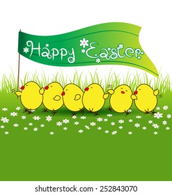Cute baby chicken with happy easter flag on green grass vector