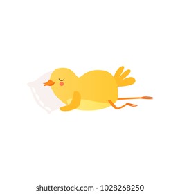 Cute baby chicken sleeoing on pillow, funny cartoon bird character vector Illustration on a white background