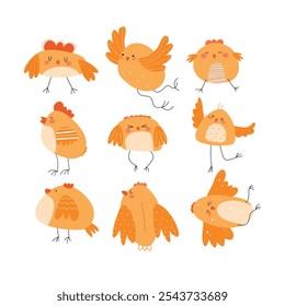 Cute baby chickens set in different poses for easter design. Little yellow cartoon chicks. Vector illustration isolated on white background