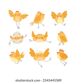 Cute baby chickens set in different poses for easter design. Little yellow cartoon chicks. Vector illustration isolated on white background