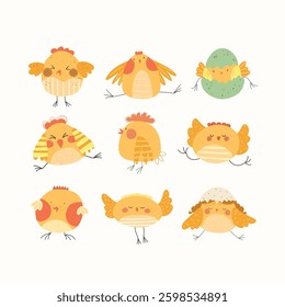 Cute baby chickens set in different poses for easter design. Little yellow cartoon chicks. Vector illustration isolated on white background	
