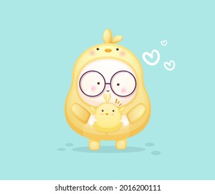 Cute baby in chicks costume and hugging friend. Mascot cartoon illustration Premium Vector