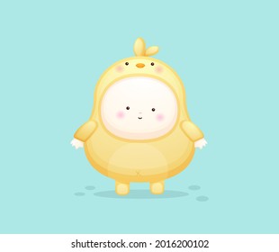 Cute baby in chicks costume. Mascot cartoon illustration Premium Vector