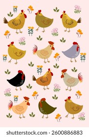 Cute baby chicks and hen hand drawn pattern vector illustration. Design for poster, cards, banner, wallpaper, textile.