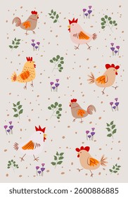 Cute baby chicks and hen hand drawn pattern vector illustration. Design for poster, cards, banner, wallpaper, textile.