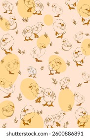 Cute baby chicks and hen hand drawn pattern vector illustration. Design for poster, cards, banner, wallpaper, textile.