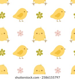 Cute baby chicks with little flowers seamless pattern. Easter prints, kids fabric and textile 