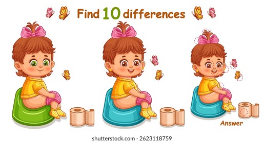 Cute baby child girl sitting on potty with toilet paper, find 10 difference kid education puzzle game. Toddler pot training. Infant care. Search match. Compare picture. Preschool learning task. Vector