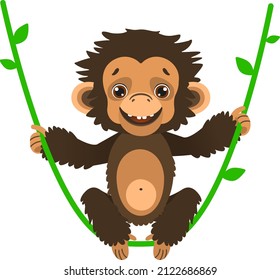 A Cute Baby Chimp Sways On A Liana. Fauna Of The Rain Forests Of Africa. Vector Illustration. Cartoon Style.

