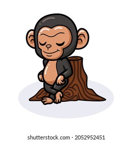 Cute baby chimpanzee cartoon leaning against tree stump