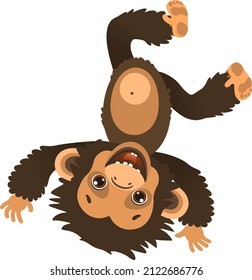 A cute baby chimpanzee stands on his hands upside down and laughs. African rainforest fauna. Vector illustration. Cartoon style.