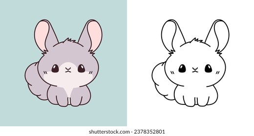 Cute Baby Chinchilla Clipart Illustration and Black and White. Kawaii Clip Art Animal. Cute Vector Illustration of a Kawaii Baby Pet for Stickers, Prints for Clothes, Baby Shower. 