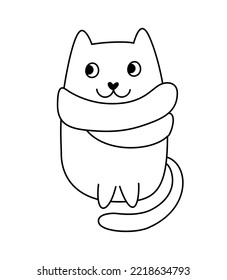 Cute baby Christmas cartoon vector cat wrapped in scarf. Black and white lines. Doodle scandinavian style for new year. Graphic resource for graphic, content, banner, sticker.