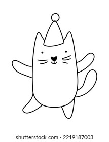 Cute baby Christmas cartoon vector winter cat in hat. Black and white lines. Doodle scandinavian style for new year. Graphic resource for graphic, content, banner, sticker.