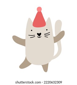 Cute baby Christmas cartoon vector winter cat in red hat. Doodle scandinavian style for new year. Graphic resource for graphic content, banner sticker.