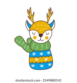 Cute baby Christmas deer in green scarf and winter sweater with snowflakes. Colorful vector isolated illustration hand drawn doodle. New Year time, holiday vibe. Card, poster or icon