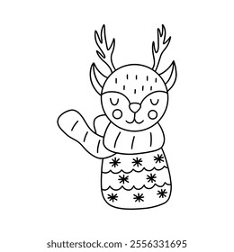 Cute baby Christmas deer in scarf and winter sweater with snowflakes. Black and white vector isolated illustration hand drawn doodle. New Year time, holiday vibe. Card, poster or icon