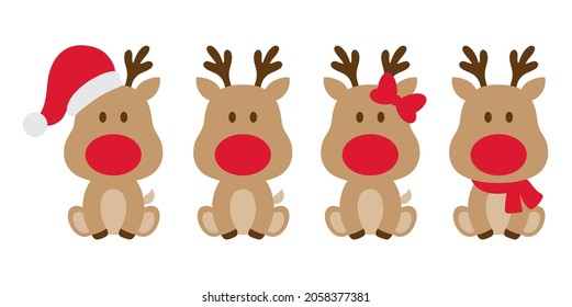 Cute baby Christmas reindeers with Santa hat, bow, and scarf vector illustration.