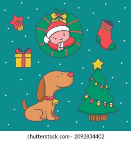 Cute Baby In Christmas Wreath And Dog With Lovely Items In Christmas Theme In Cartoon Character Design On Green Screen, Vector Illustration