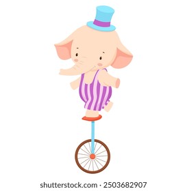 Cute baby circus elephant on wheel. Funny animal on retro bike in vintage costume. Hand drawn isolated illustration for kids