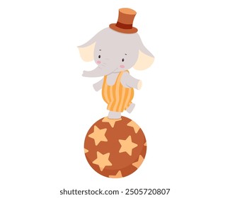 Cute baby circus elephant on ball. Funny animal in vintage costume. Hand drawn isolated illustration for kids