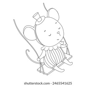 Cute baby circus mouse on swing. Funny animal. Hand drawn isolated baby outline illustration for coloring book.