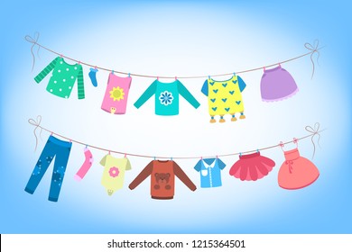 Cute baby clothes drying on the rope.Clothing on the washing line. Dress and costume, panties and shorts. Flat vector illustration