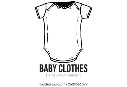 Cute baby clothes hand drawn elements. Sketch, black ink, line art, baby supplies