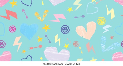 Cute baby clothes pattern. Repeating abstract images of hearts, arrows, spirals, powers, and stars. Crayon drawings with bright and pastel colors. Seamless pattern. Vector illustration eps 10