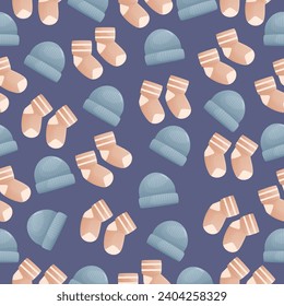 Cute baby clothes seamless vector pattern. Baby socks and warm hat pattern.