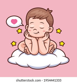 Bebé lindo con dibujos animados en la nube. Ilustración de iconos vectoriales, aislados en vectores premium