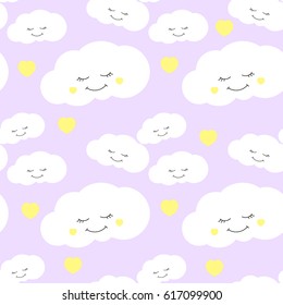 Cute baby cloud pattern vector seamless. Girl print with eyelash clouds and hearts. Background for kids birthday card, children wallpaper or fabric, baby shower invitation template.