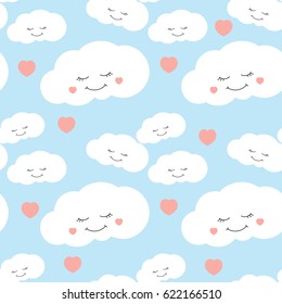 Cute baby cloud pattern vector seamless. Kids print with eyelash clouds and hearts. Background for child birthday card, wallpaper or fabric, baby shower invitation template.