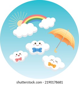 Cute baby clouds with a rainbow and an umbrella against the blue sky with the sun. Set of cute characters, baby room posters, greeting cards, baby and kids clothes. Isolated vector