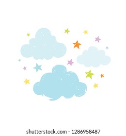 Cute baby clouds with stars, doodle drawing, hand drawn style. Sweet blue vector illustration for boy print, banner, t-shirt. Sky dream watercolor sketch isolated on white background.