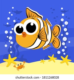 cute baby clownfish cartoon illustration with bubbles and under the sea background. Design for baby and child