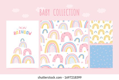 Cute Baby Collection Seamless Pattern With Rainbow And Lettering Poster Follow The Rainbow. Background In Hand Drawn Style For Children's Room Design, Poster, Wallpaper, Textile. Vector Illustration