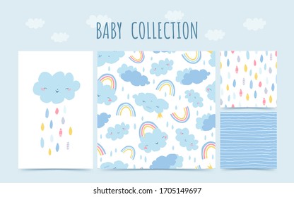 Cute baby collection seamless pattern with rainbow, clouds, rain for babies. Background in hand drawn style for children's room design, poster, wallpaper, textile, wrapping paper. Vector illustration