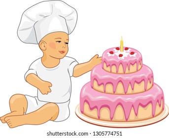 Cute baby confectioner with birthday cake. Vector