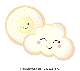 Cute baby cookies with painted sun and cloud on white background