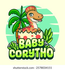 Cute Baby Corythosaurus Dinosaur Character Mascot in Vector Cartoon Illustration Design for kid, sticker, badge, patch, banner, greeting card