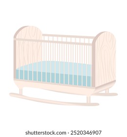 Bonito berço em design plano. Berço de madeira branco com colchão azul. Ilustração vetorial isolada.
