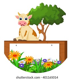 Cute baby cow cartoon with blank sign