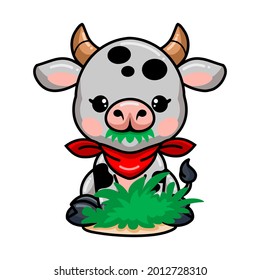 Cute baby cow cartoon eating grass