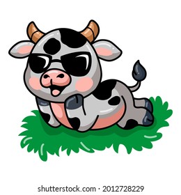 Cute baby cow cartoon lying down in grass
